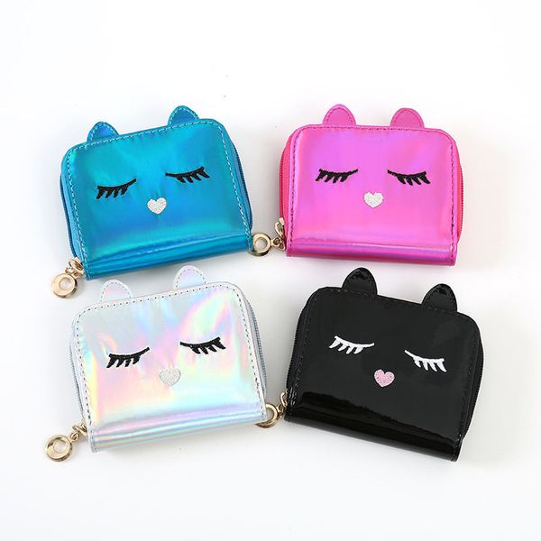 

new ladies short pu wallet leather laser cute cartoon cat shape zipper student coin purse card holder, Red;black