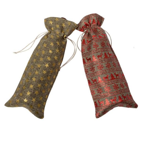 

christmas decoration wine bags linen drawstring dustproof bottle packaging bag elk snowflake printed champagne pouches p