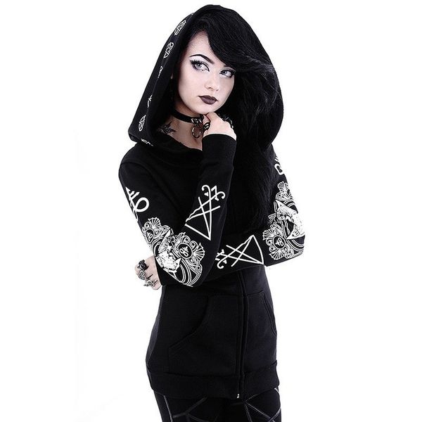 

gothic punk print hoodies sweatshirts women long sleeve jacket zipper coat autumn winter female casual hoodie oversized hood 201203, Black