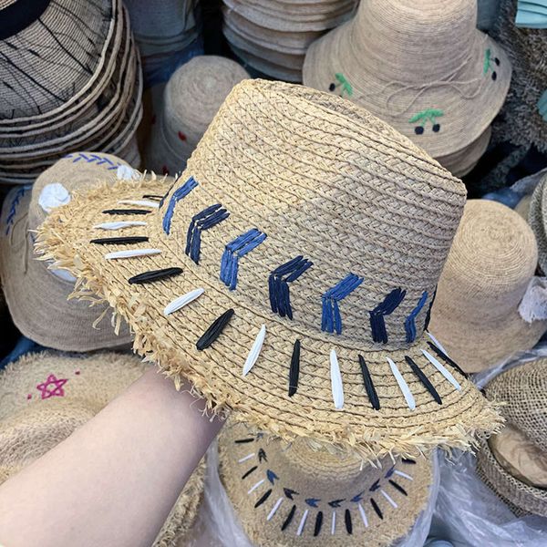 

bohemian wind flat rough edge lafite grass big brim shade straw summer beach vacation sun hat, Blue;gray