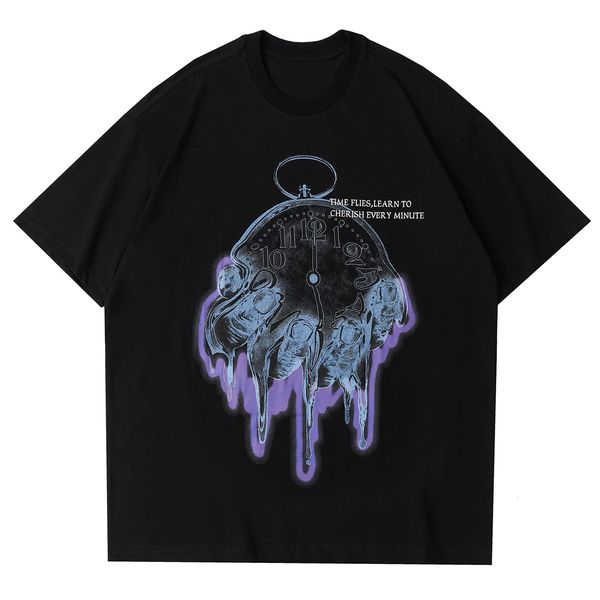 

new streetwear hand clock print hip hop t-shirt men women 2021 summer harajuku tshirt cotton tee loose short sleeve shirt black obh4, White;black