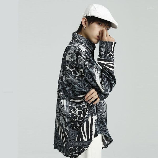 

male japan korea style streetwear hip hop dress shirt men vintage fashion casual loose long sleeve chiffon shirts1, White;black