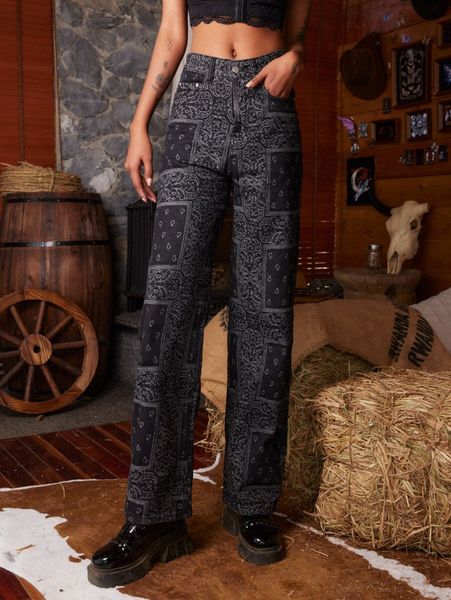 

romwe paisley straight leg jeans x2tv#, Blue