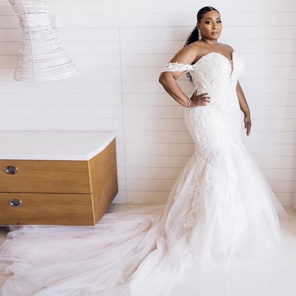 

2021 plus size mermaid wedding dresses off shoulder sweep train appliques beads chapel garden bridal gowns vestidos de novia custom, White