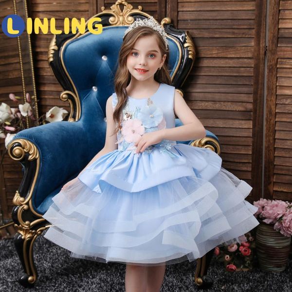 

girl's dresses linling summer dress for girls kids clothes wedding events flower birthday party costumes children clothing v487, Red;yellow