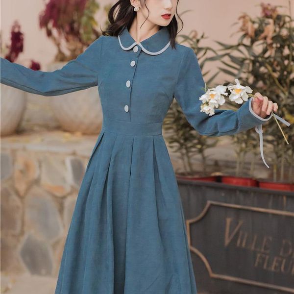 

women 2021 autumn winter retro high waist midi a-line dresses female solid button vintage corduroy dress lady party vestido s997, Black;gray