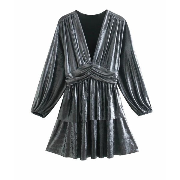 

2021 new silver party mini women y2k ruffle puff long sleeve dress woman vintage pleated elastic waist shein dresses oiaf, Black;gray