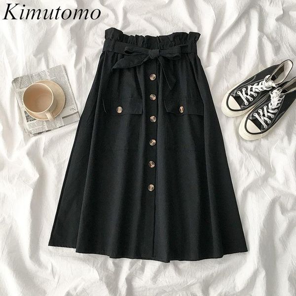 

kimutomo solid women skirt autumn single breasted pockets high waist bow lace up ladies korea chic elegant a-line skirt new, Black