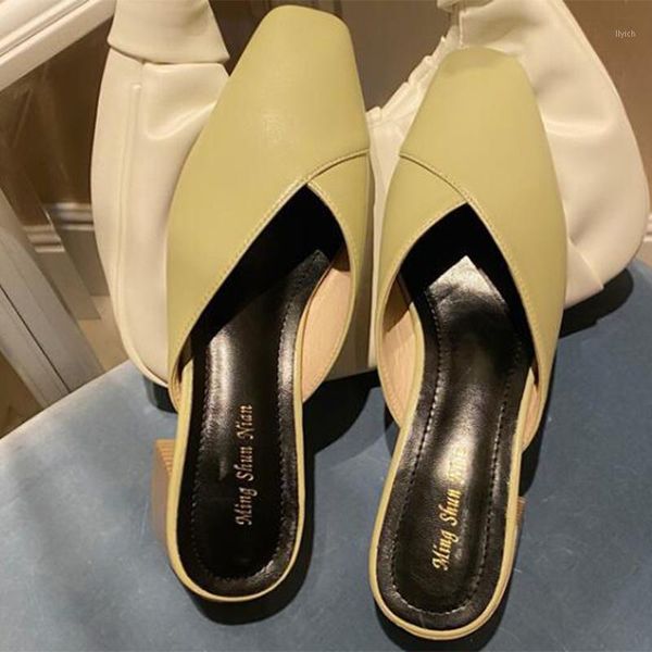 

slippers vintage solid square toe mules summer wood heels shoes women sandals net celebrity cover slip on slides woman 20211, Black