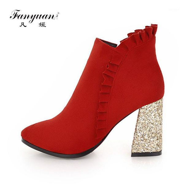 

fanyuan pointed toe female winter boots velvet ankle boots for women square heel platform botas mujer zip shoes1, Black