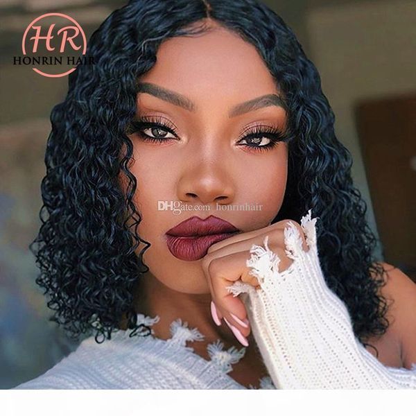

honrin hair short bob curly 13x6 lace front wig deep curly full lace wig pre plucked brazilian virgin human hair 150% density glueless, Black;brown