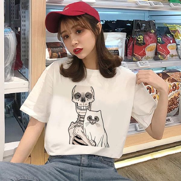 

showtly kawaii horro skull cute cat femal tshirt cartoon tees casual t shirt women harajuku short sleeve fun ulzzang tee top, White