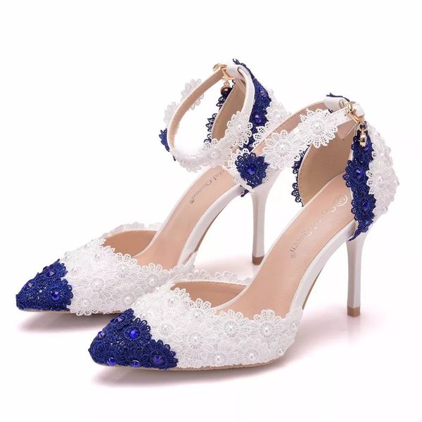 Yaz Gelin Düğün Sandalet Kadınlar Yüksek Topuklu Beyaz Mavi Renk Nedime Kristal Elmas Ayak Bileği Kayışı Sivri Burun Ayakkabı