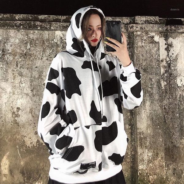 

fashion milk cow print hoodies women 2020 autumn clothes harajuku style oversize loose hooded lady hoody sweatshirt1, Black