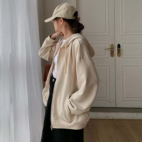 

women's hoodies & sweatshirts autumn winter women korean zipper hoodie long sleeve oversized hooded sweatshirt coat lady casual large, Black