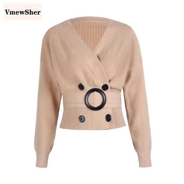 

vmewsher осень женщины вязаные двойной брестед knit top с длинным рукавом v-образным вырезом свитер моды 2020 новый высокой талией джемпер т, White