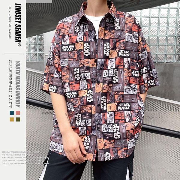 

lindsey seader plaid cartoon printed full print colors short sleeve street shirts fashion hop-hop shirt for man loose casual, White;black