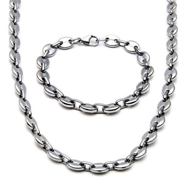 

2020 new stainless steel jewelry necklace for men women coffee bean shape melon seed chain stainless steel choker necklace jewelry set, Silver