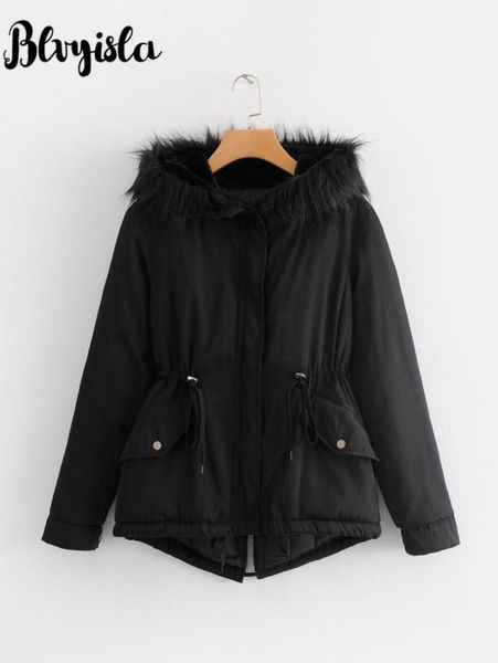 

blvyisla winter thicken black parka women slim waist faux fur hooded zipper up jacket coat outwear1