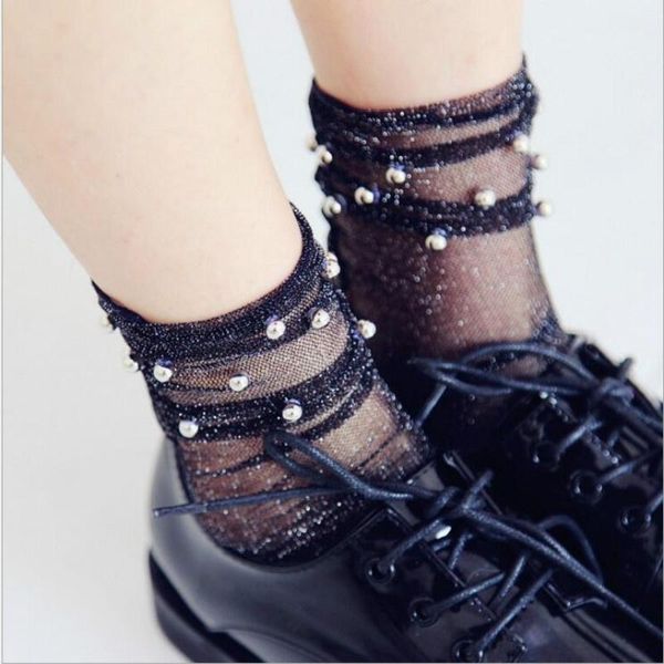 

retro short transparent women socks classic shiny crystal lace dot elastic women socks1, Black;white
