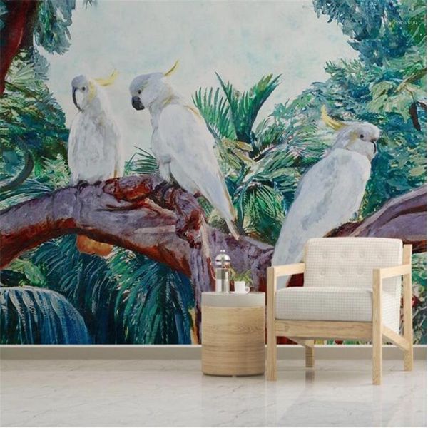 

milofi medieval hand painted tropical forest parrot background wall painting1