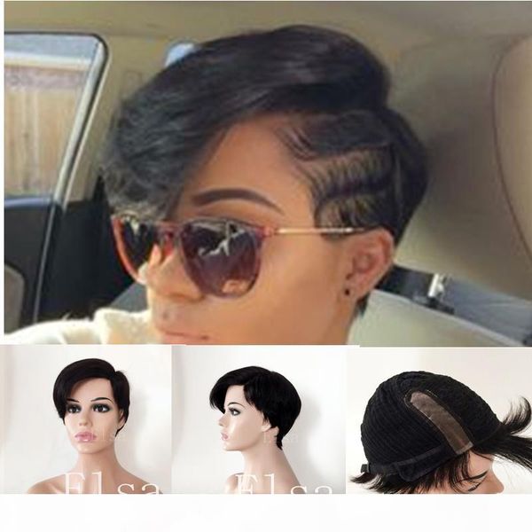 

straight short human hair wigs for black women pixie cut bob wig glueless a little lace front wigs with baby hair side part, Black;brown