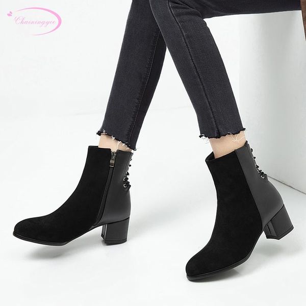 

street style comfortable round head flock ankle boots fashion lace-up black medium with thick heel riding boots women's shoes