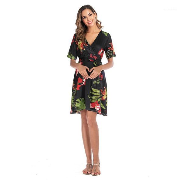 

maternity dresses sagace baby mother v-neck waist flower print pleated skirt pregnant women short sleeves hit color home outdoor dress1, White
