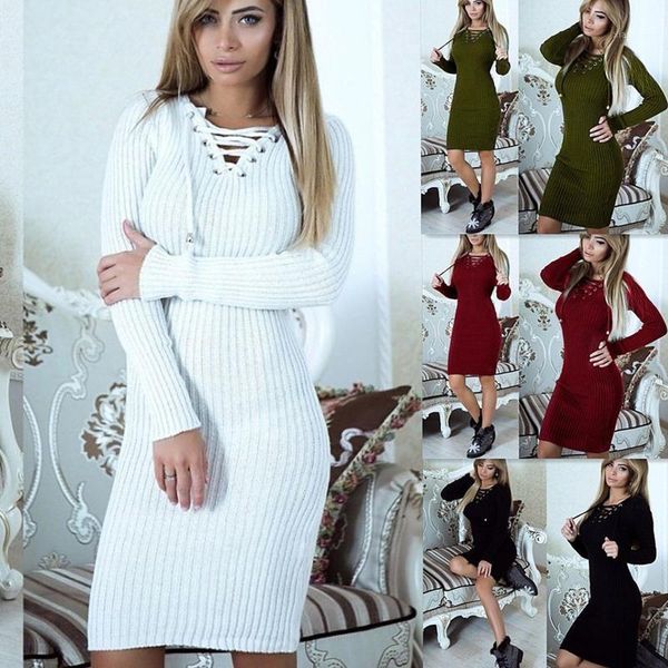 

women's dress knitting solid color bandage knee length long sleeve dress ladies bodycon dresses plus size vestidos#t21, Black;gray