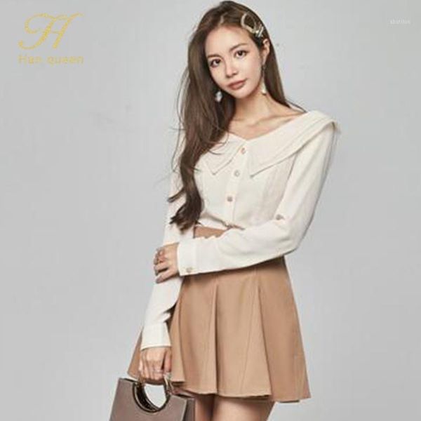 

two piece dress h han queen chic office lady 2 pieces suits women autumn long sleeve & high waist pleated skirt korean simple set1, White
