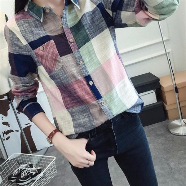 

2019 new brand women blouses long sleeve shirts cotton red and flannel plaid shirt casual female plus size blouse, White