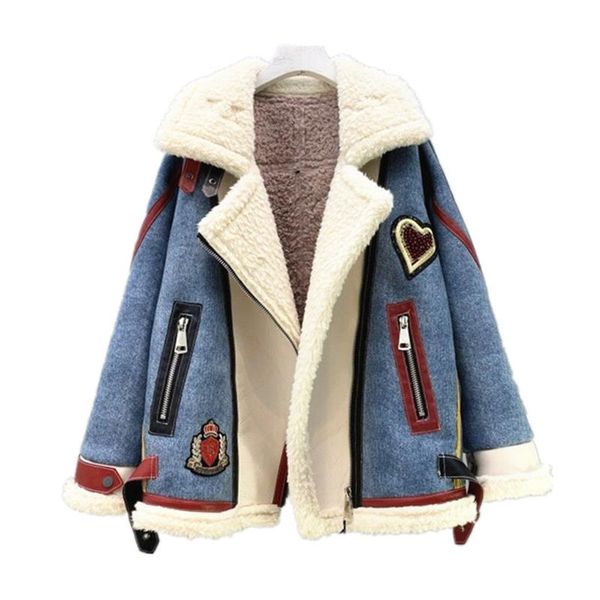 

women's fur & faux women coat outwear button warm thick turn down collar pocket denim patchwork double wear c0444, Black