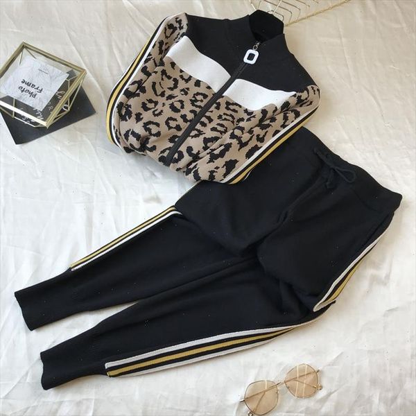 

women leopard knit jumper pants 2pcs sets long sleeve woman casual sweater trousers suits, Gray