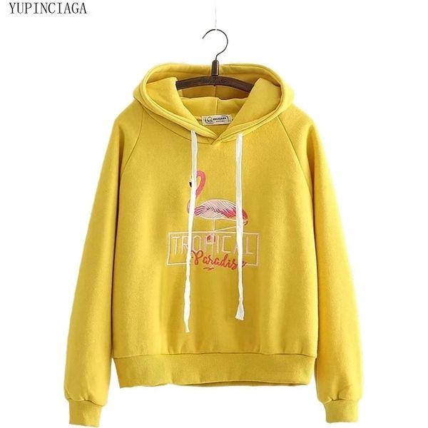 

women harajuku hoodies flamingo embroidery cotton plus velvet warm hooded sweatshirts casual pullover loose tracksuit y200915, Black