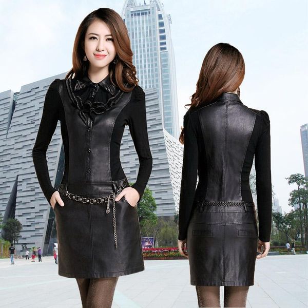 

casual dresses women long-sleeve pu autumn winter dress fashion party, Black;gray