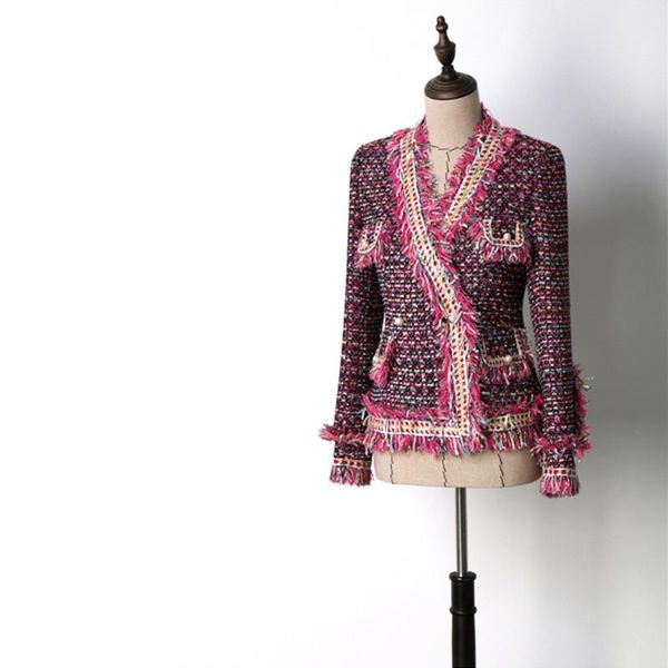 

women's suits & blazers handmade 2021 runway designer luxury fashion blazer for women v collar famille rose weaving tassel short coat, White;black