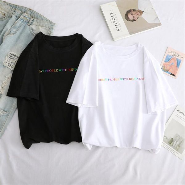 

vintage harry styles fine line letter summer casual harajuku women t shirt ulzzang treat people with kindness tees, White