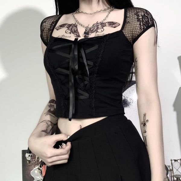 

vintage goth t-shirt women bodycon bandage lace black t-shirts gothic streetwear female casual mesh tee, White
