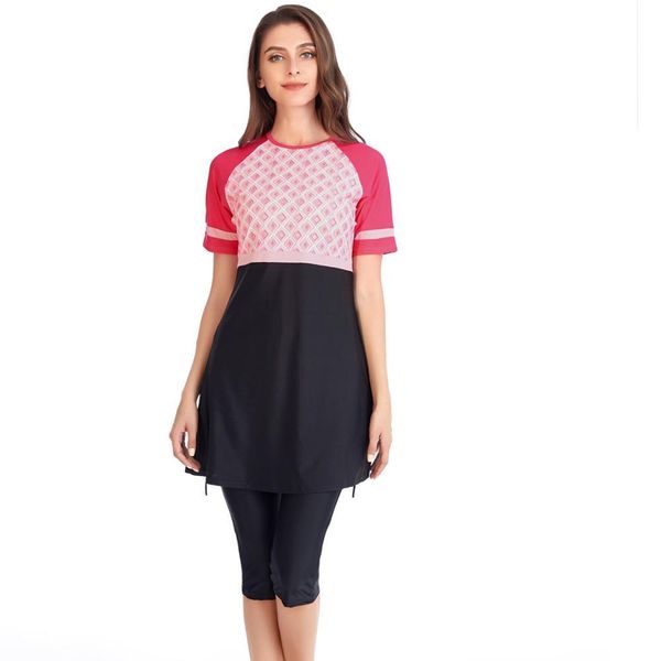 

2021 new short sleeve plus conservative size swimsuit skirt women's bath full swimming suit swim wear 97vi, Red