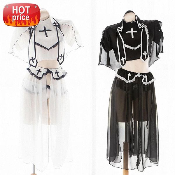 

kawaii loli fairy dress sweet princess lolita gothic perspective skirt white black cosplay lingerie nun maid outfit for women #f91k, Black;white