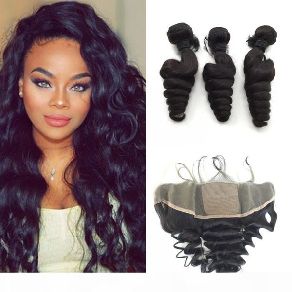 

indian loose wave silk base lace frontal closure with bundles unprocessed virgin human hair weave with 13x4'' silk lace frontal, Black