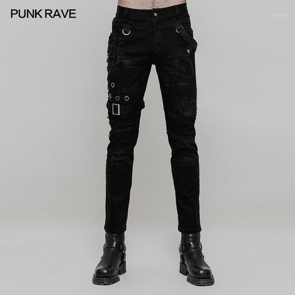 

punk rave rock fashion personality dilapidated gothic casual streetwear men's pants trousers wk319m1, Black
