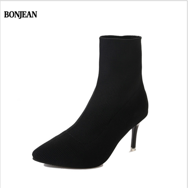 

bonjean new european and american boots pointed point thin heel wool fabric women's high heel thin socks elastic boots, Black