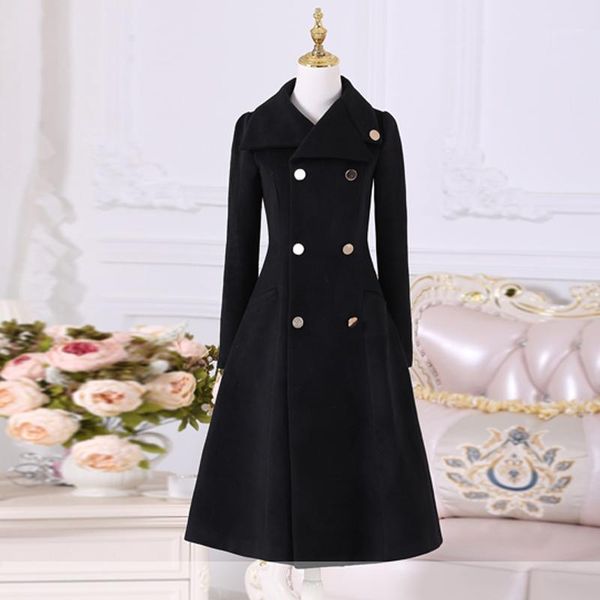 

double breasted woolen coat female style winter thickening women's wool was thin long cashmere warm woolen coats f8171, Black