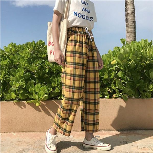 

spring summer casual lace up ankle-length pants vintage yellow plaid casual loose wide leg pant elastic high waist straight pant, Black;white