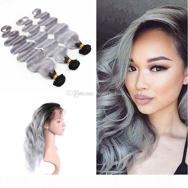 

ombre #1b grey body wave hair bundles with 360 lace frontal silver grey ombre hair bundles with pre plucked full lace frontal, Black;brown