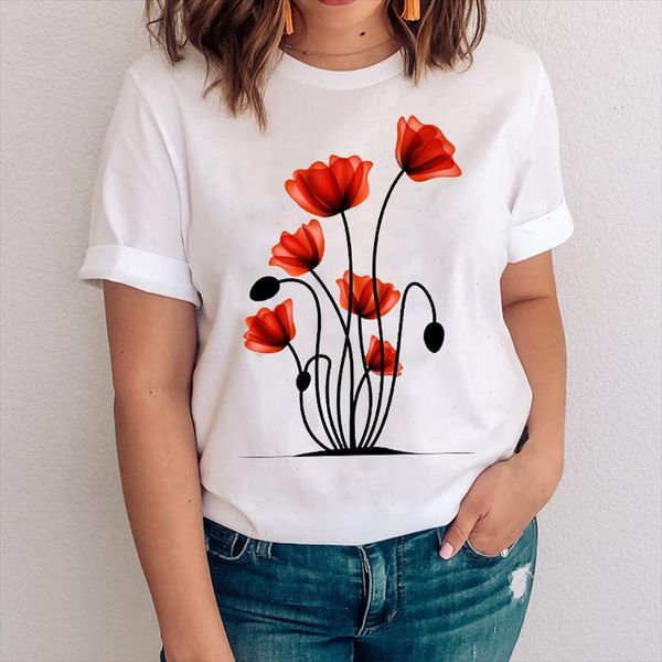 

women graphic flower short sleeve style girl cute printing 90s clothes lady tees print clothing female tshirt t shirt, White