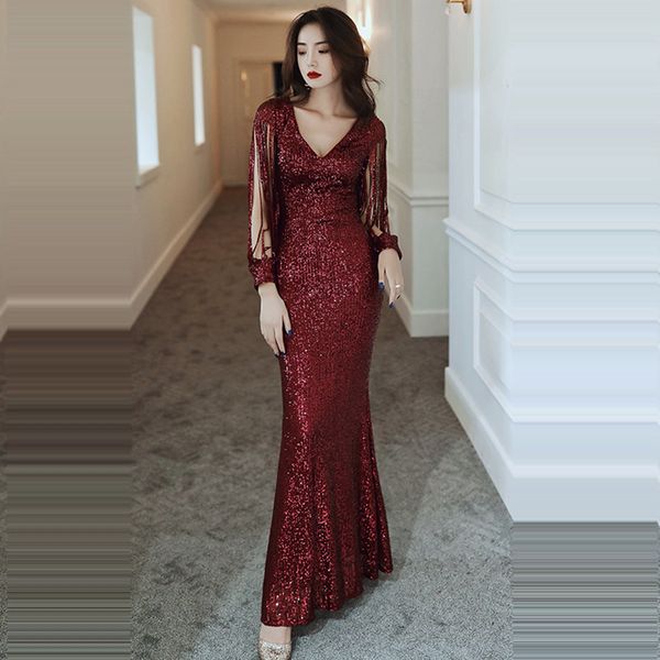 

long sleeves evening dress v-neck evening gown plus size mermaid robe de soiree burgundy sequins formal dresses lj201119, White;black