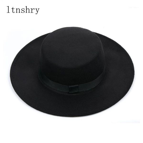 

new classic solid color felt fedoras hat belt for men women blend jazz cap wide brim simple flat hat mujer1, Blue;gray