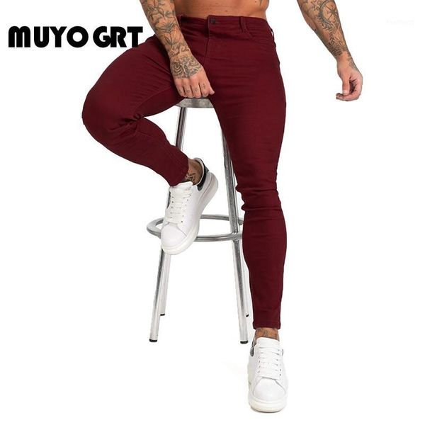 

muyogrt men stretch skinny solid jeans 4 colors fashion casual slim fit denim trousers male yellow red gray pant male brand pant1, Blue